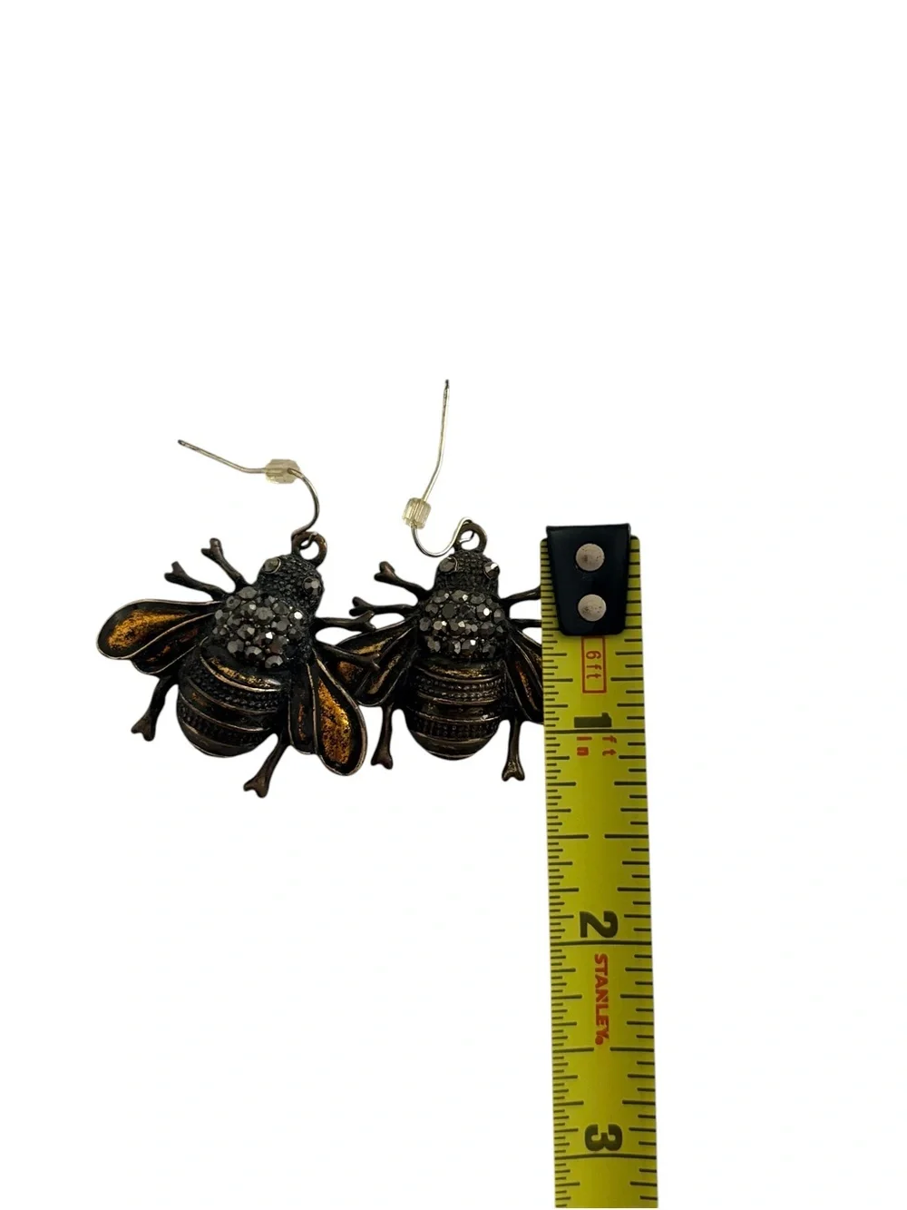 antique brass bee charm earrings on hook wires